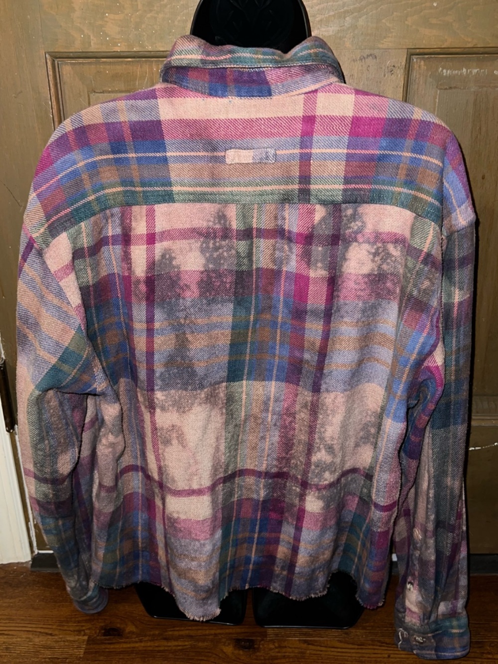 Vintage Acid Wash Crop Flannel Distressed Tie Dye Plaid Button Up Shirt Size L - Picture 10 of 10